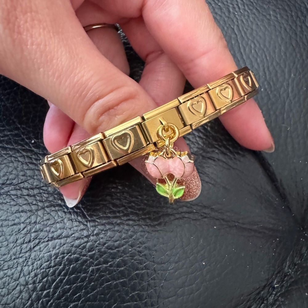 Gold Hearts and Dangle Tulips Italian Charm Bracelet